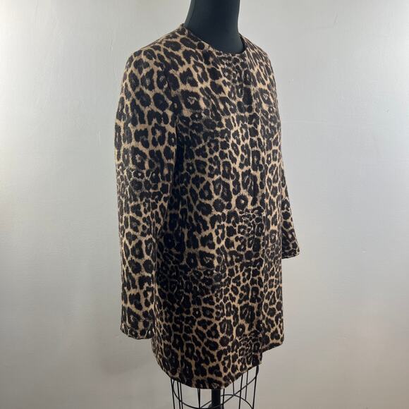 Zara Black Tan Overcoat Leopard Round Neck Snap Button Long Sleeve Size Small S - Picture 4 of 8